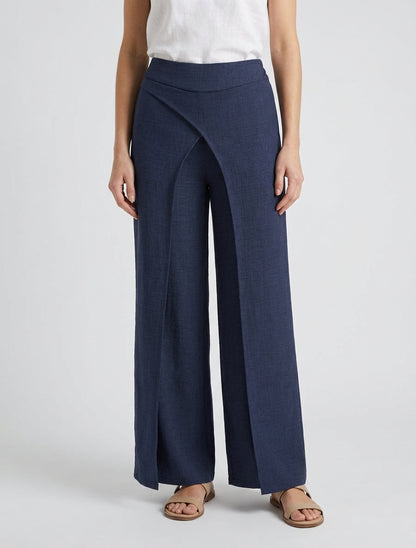Pantalon droit effet lin à double pans - Marine