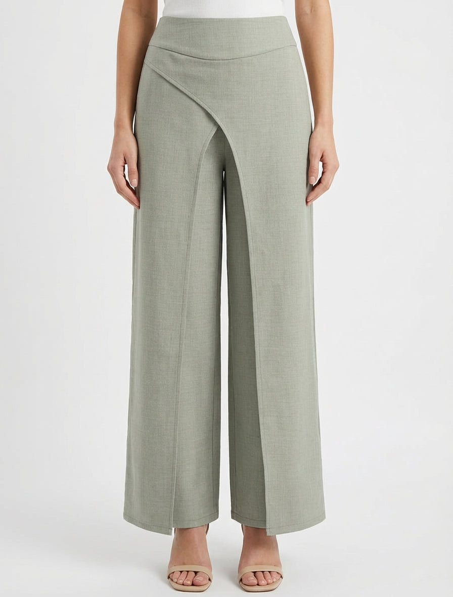 Pantalon droit effet lin à double pans - Kaki