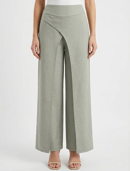 Pantalon droit effet lin à double pans - Kaki