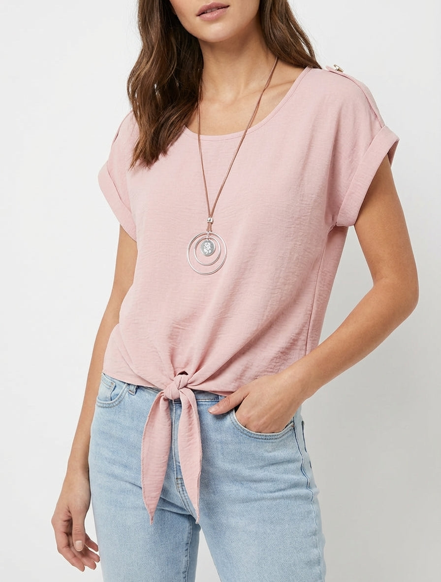 Top uni à nouer et manches courtes - Vieux rose