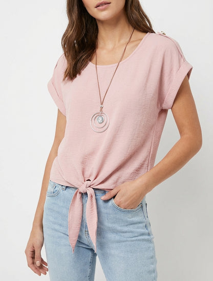 Top uni à nouer et manches courtes - Vieux rose