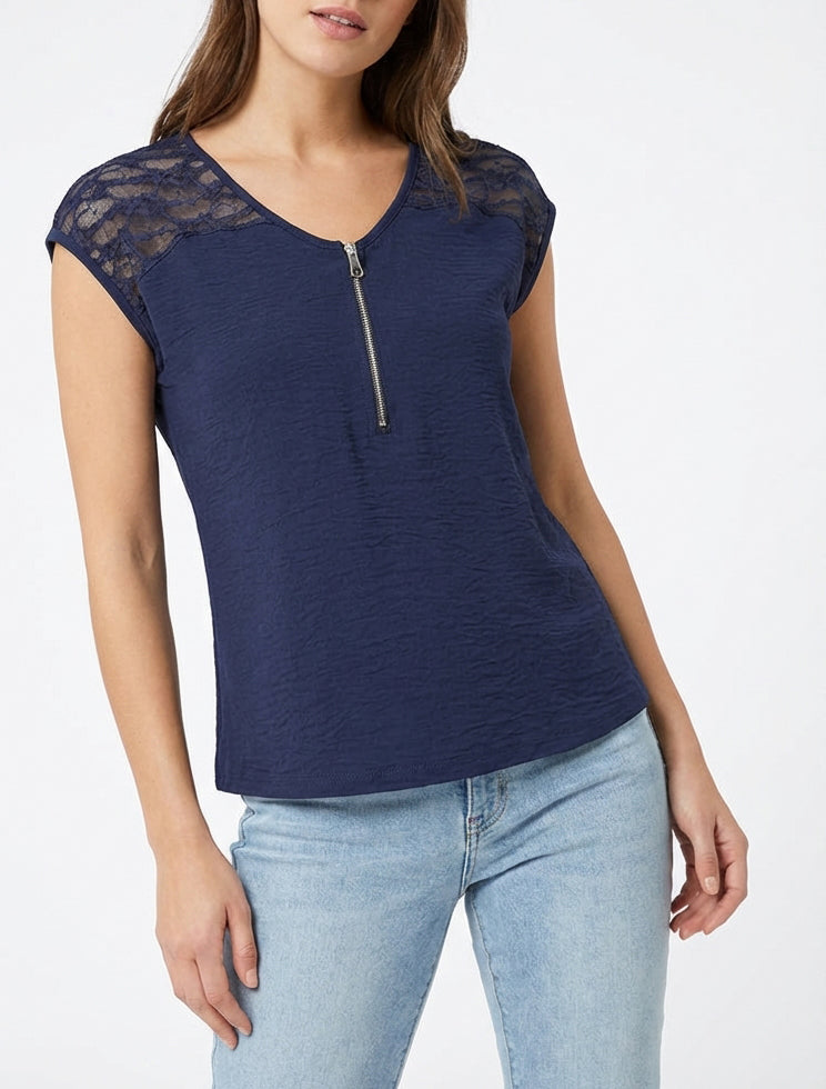 Top droit à zip et dentelle - Marine