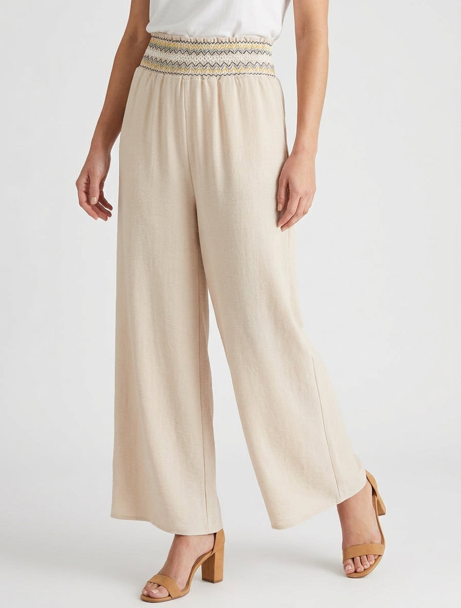 Pantalon droit à taille haute élastiquée - Beige