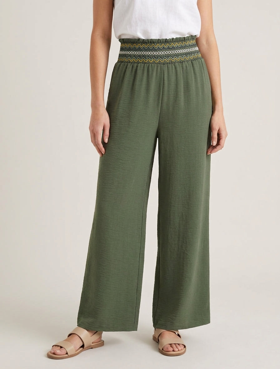 Pantalon droit à taille haute élastiquée - Kaki
