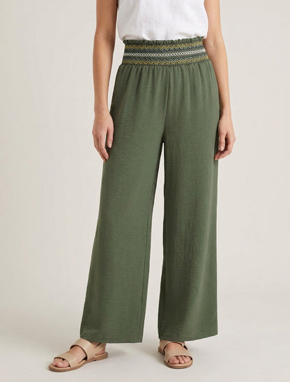 Pantalon droit à taille haute élastiquée - Kaki