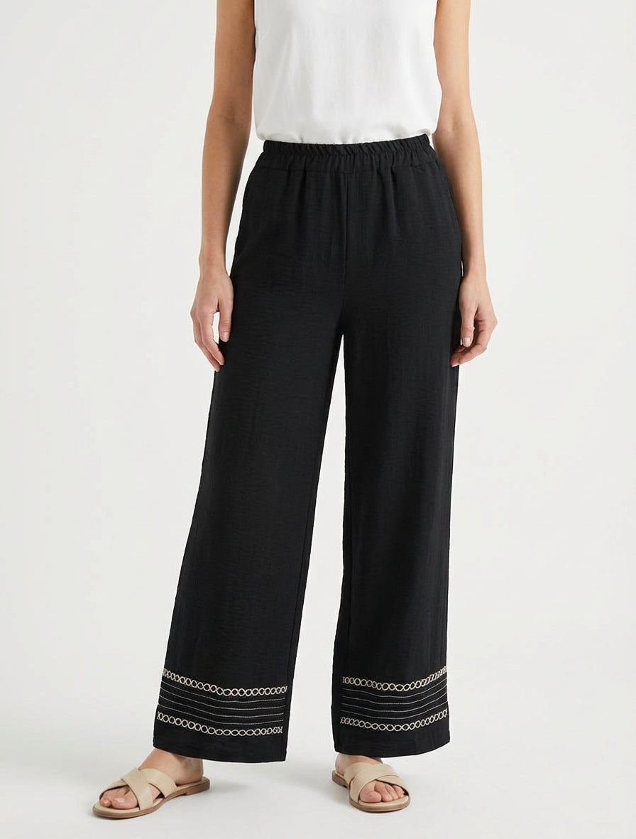 Pantalon ample à bords brodés - Noir