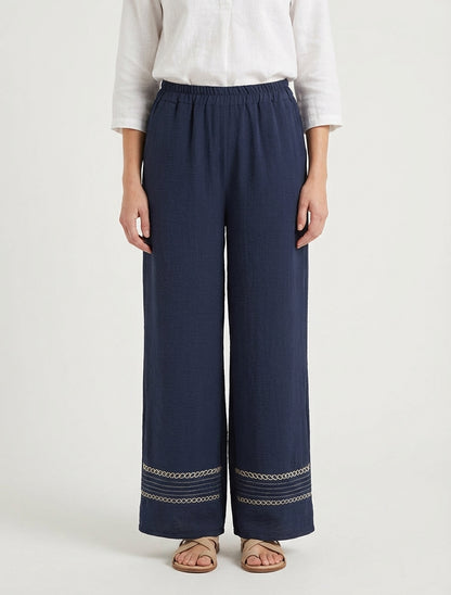 Pantalon ample à bords brodés - Marine