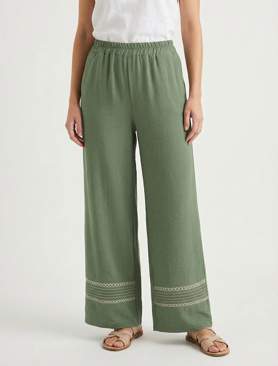 Pantalon ample à bords brodés - Kaki