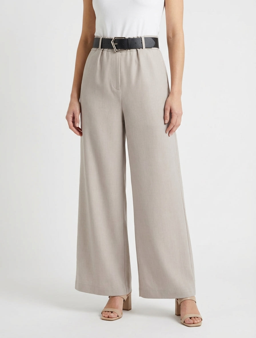 Pantalon ample uni à taille haute - Taupe clair