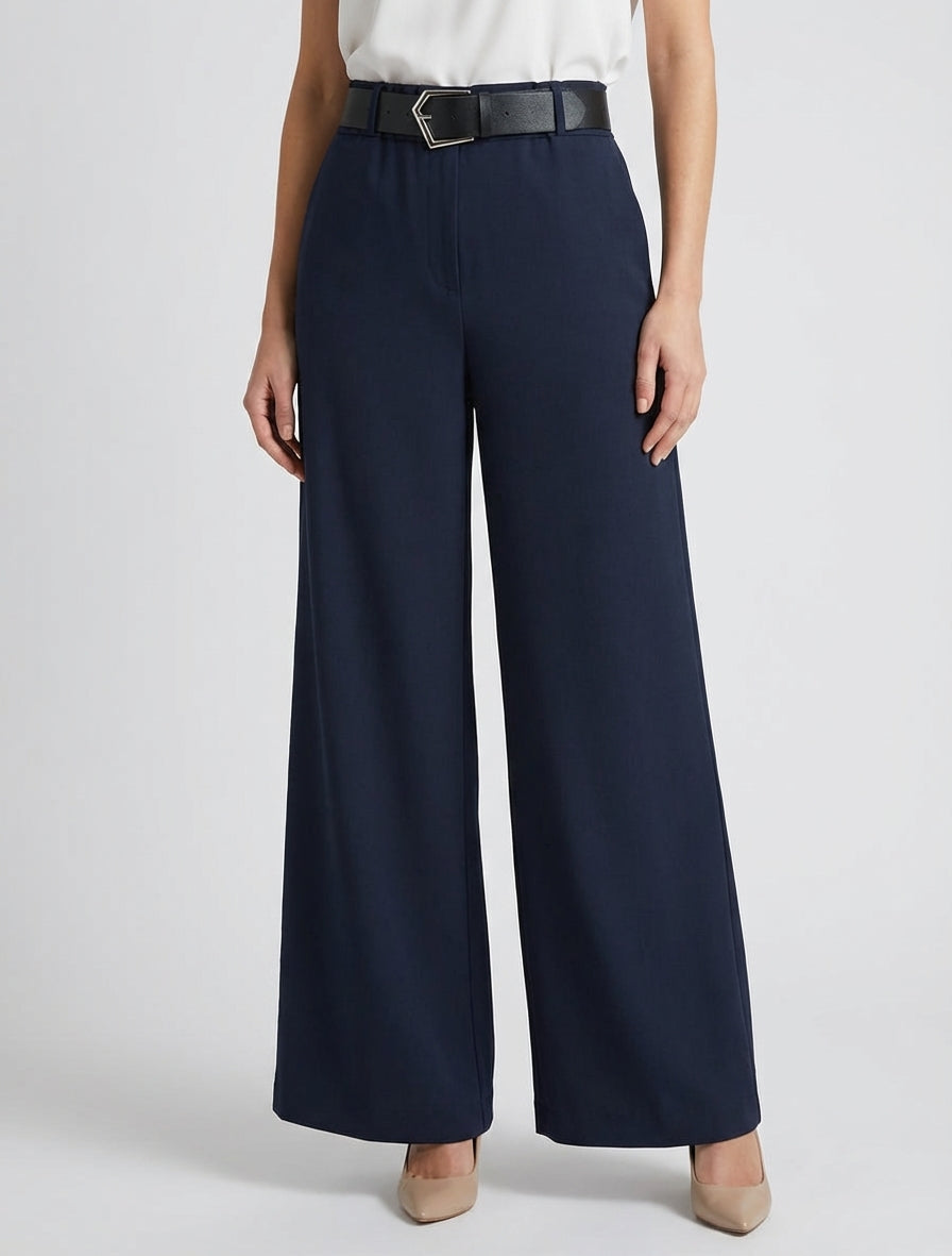 Pantalon ample uni à taille haute - Marine