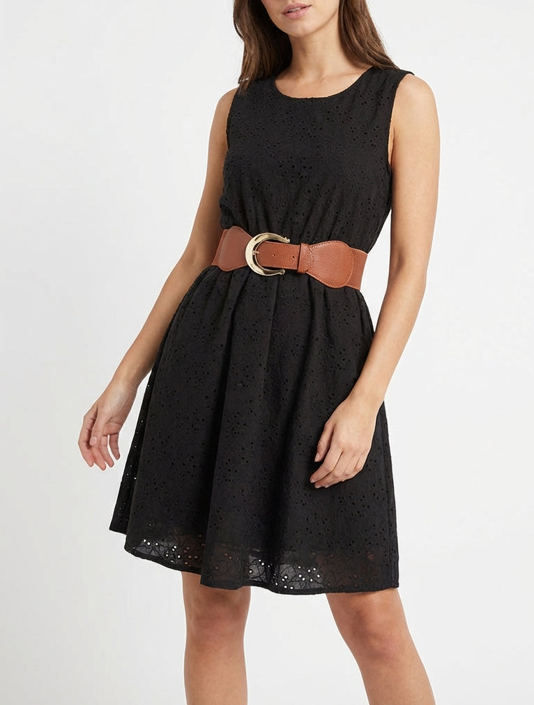 Robe évasée sans manches en broderie anglaise - Noir