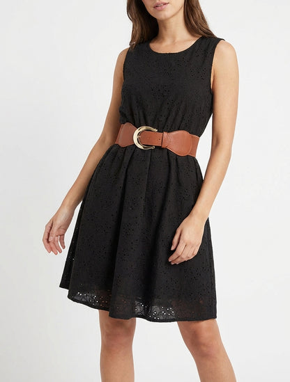 Robe évasée sans manches en broderie anglaise - Noir