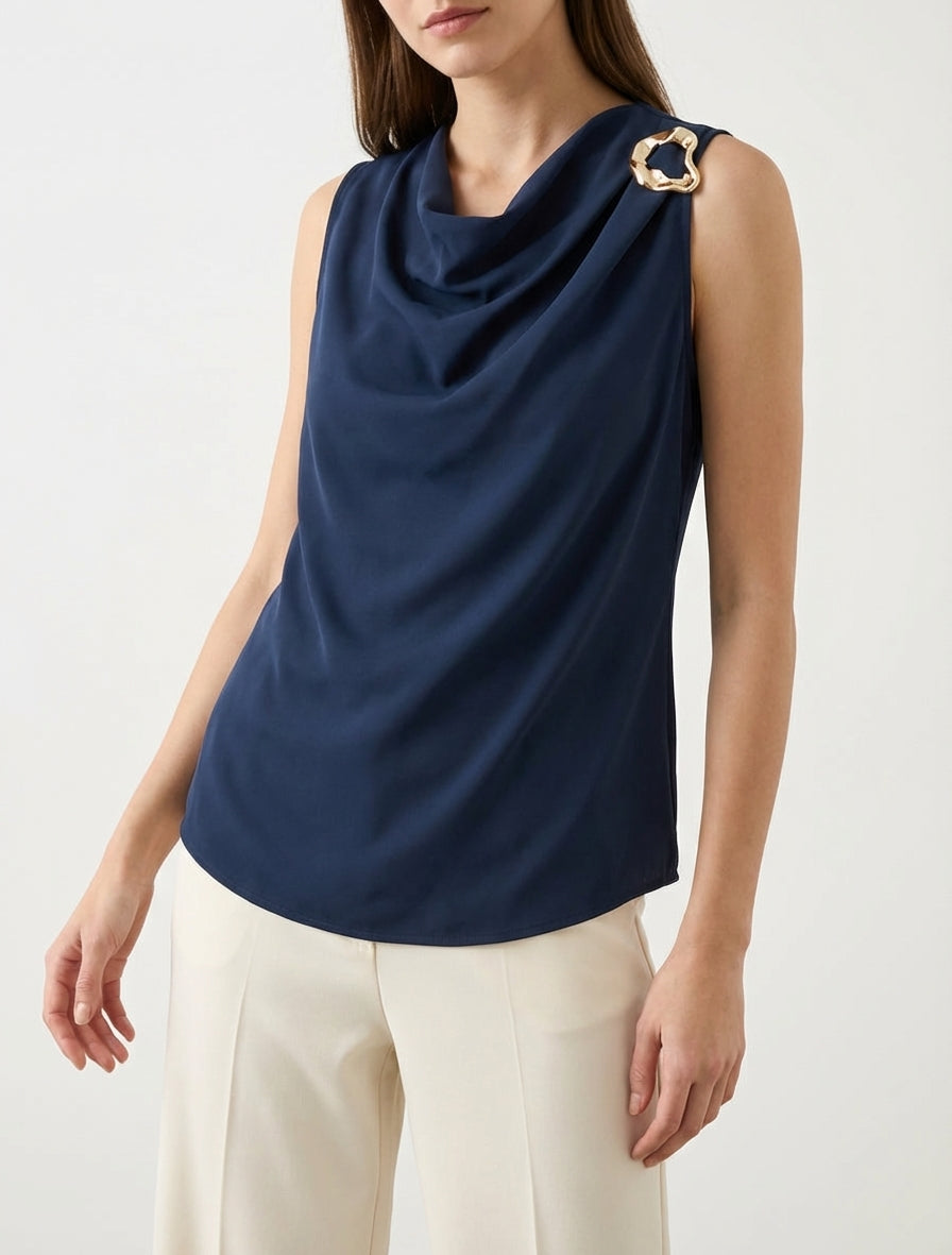 Top uni à empiècement bijou - Marine