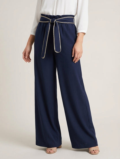 Pantalon ceinturé à détail irisé - Marine