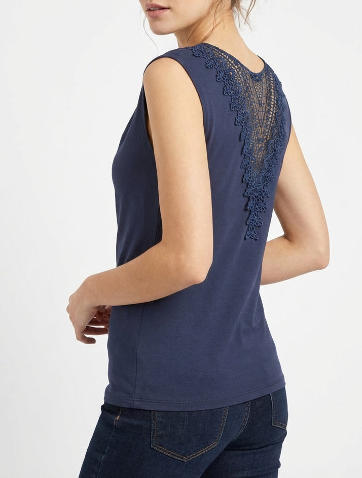Top uni sans manches à broderie au dos - Marine