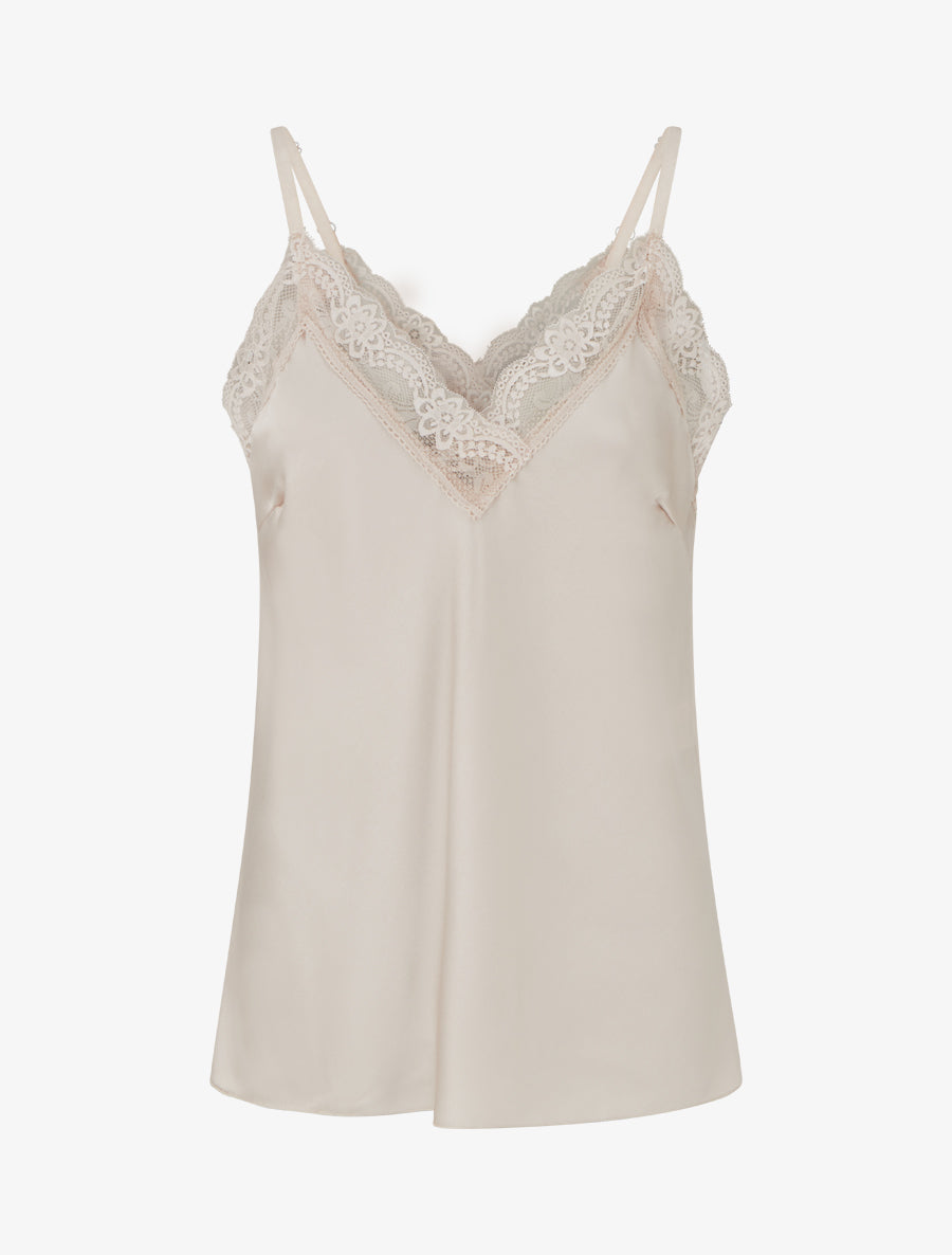 Caraco satiné à col en dentelle - Beige clair - 1