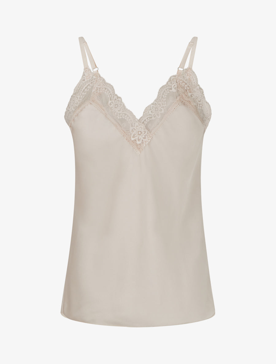 Caraco satiné à col en dentelle - Beige clair - 2