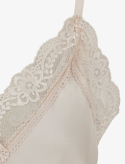 Caraco satiné à col en dentelle - Beige clair - 3