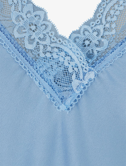 Caraco satiné à col en dentelle - Bleu ciel - 3