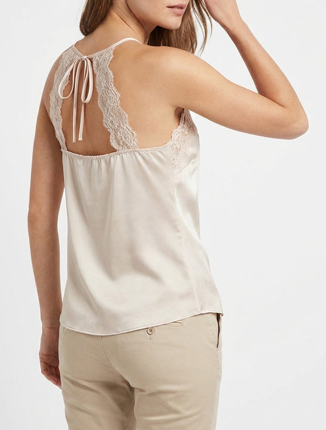 Caraco satiné à dentelle et liens - Beige clair