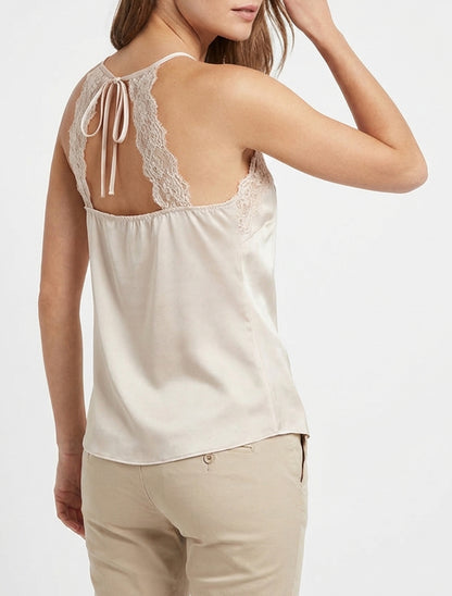 Caraco satiné à dentelle et liens - Beige clair