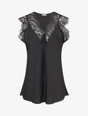 Top satiné à col V en dentelle - Noir - 1
