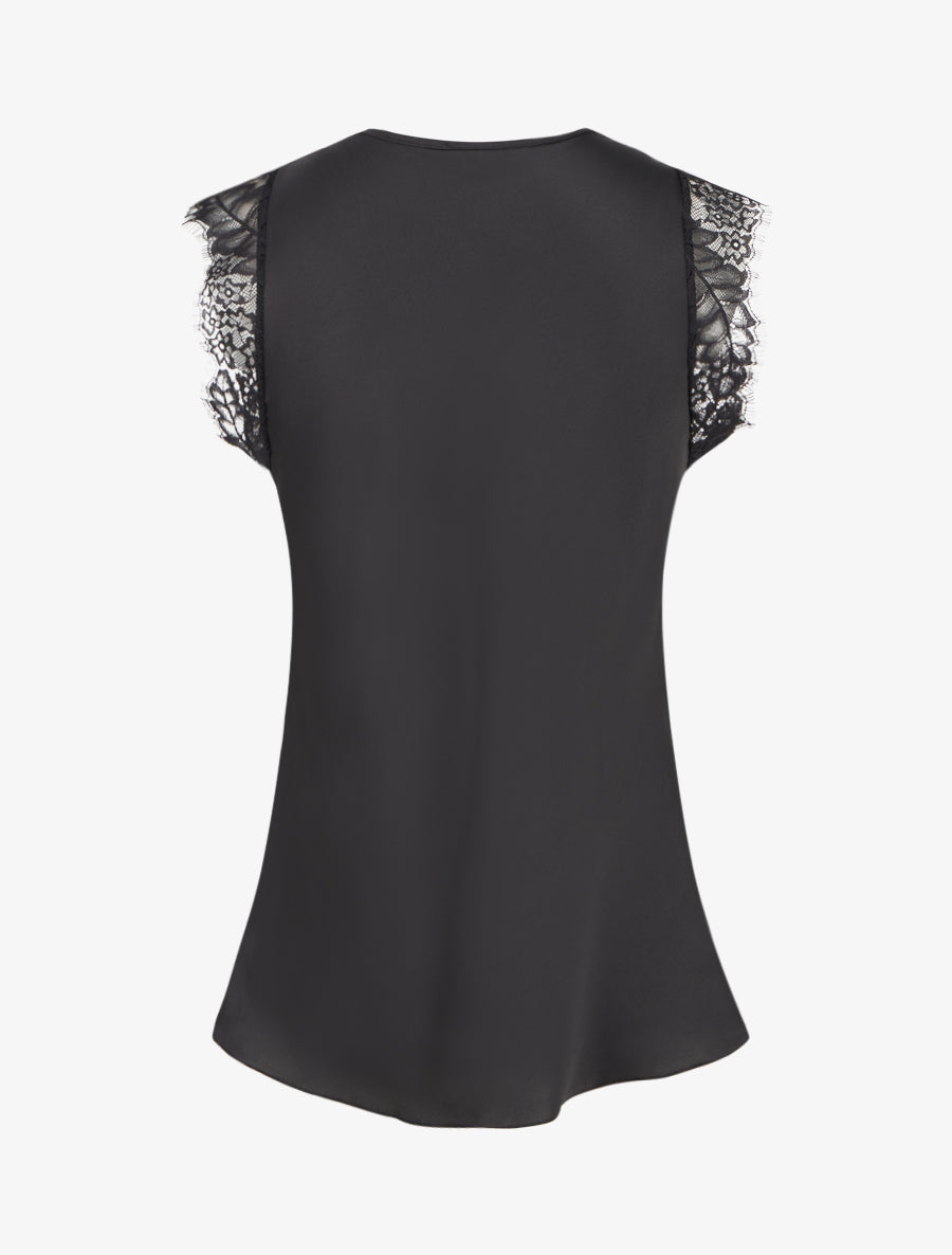 Top satiné à col V en dentelle - Noir - 2