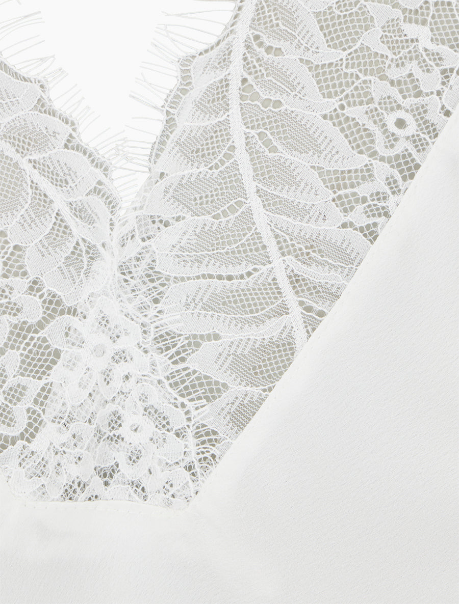 Top satiné à col V en dentelle - Blanc - 3