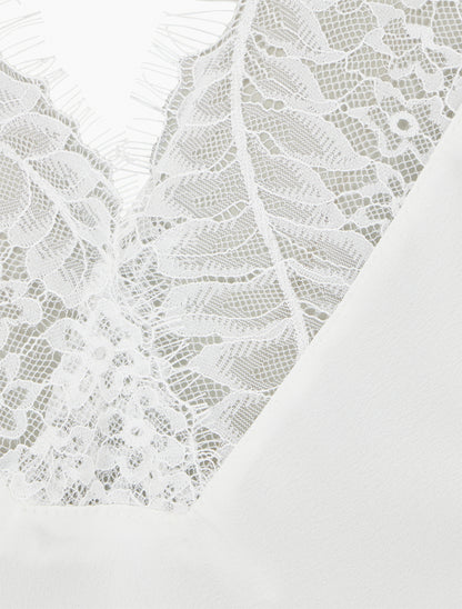 Top satiné à col V en dentelle - Blanc - 3