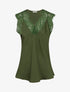 Top satiné à col V en dentelle - Kaki - 1