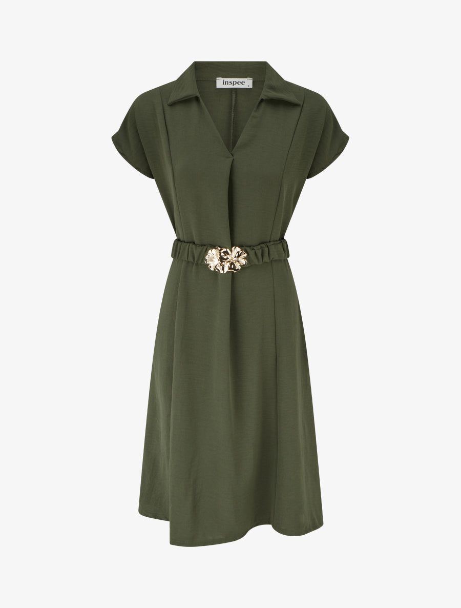 Robe fluide unie ceinturée - Kaki - 1