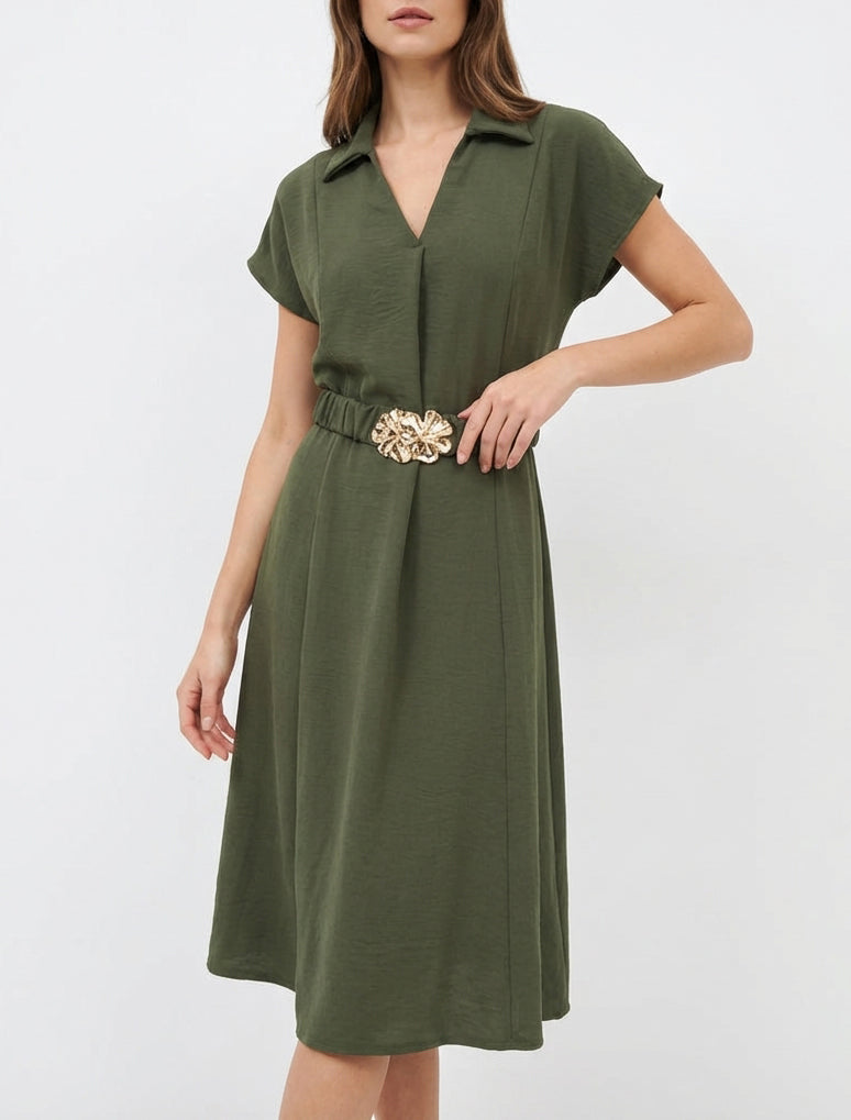 Robe fluide col V à rabat - Kaki