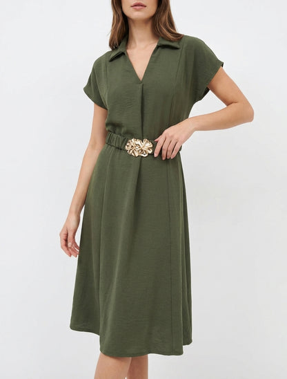 Robe fluide col V à rabat - Kaki