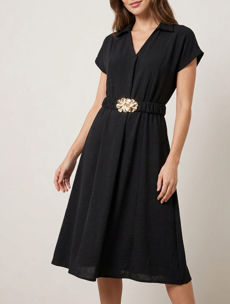 Robe fluide col V à ceinture - Noir