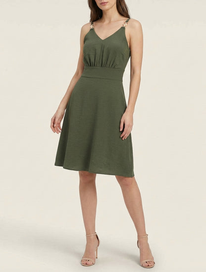Robe évasée à bretelles bijoux - Kaki