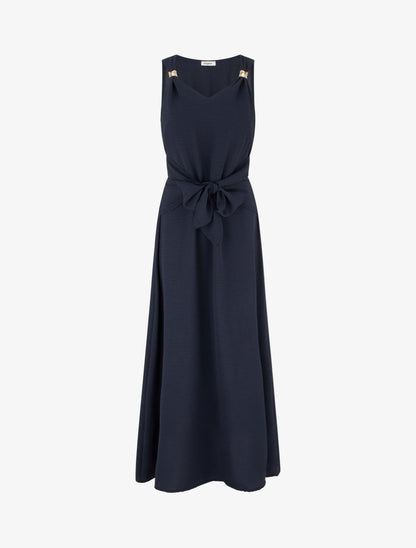 Robe longue à pans à nouer - Bleu nuit - 1