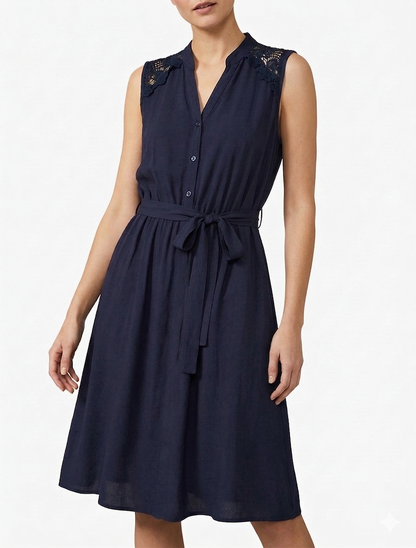 Robe mi-longue boutonnée sans manches - Marine