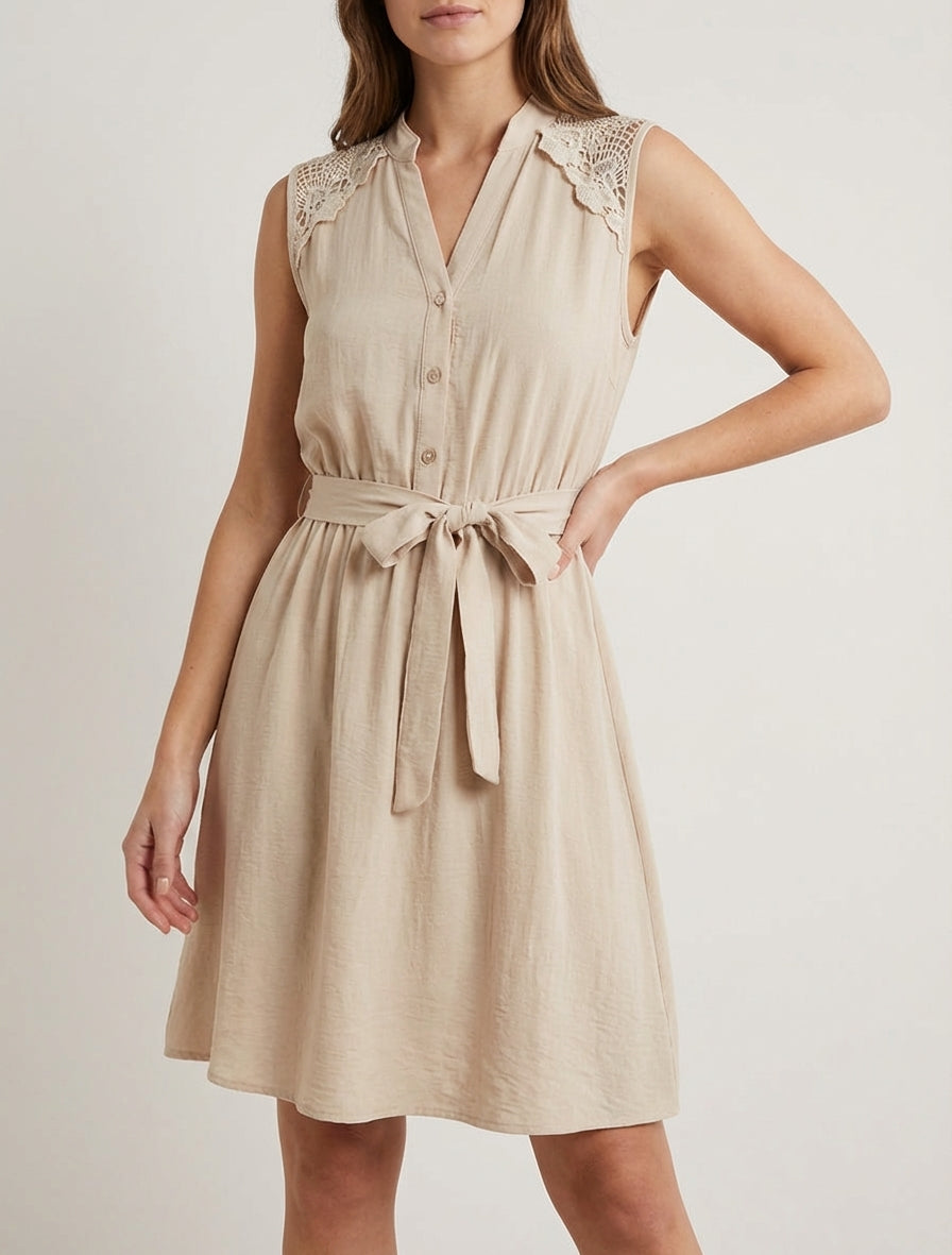 Robe mi-longue boutonnée sans manches - Beige