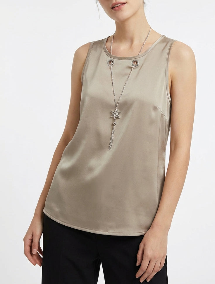 Top satiné sans manches à col bijou - Taupe