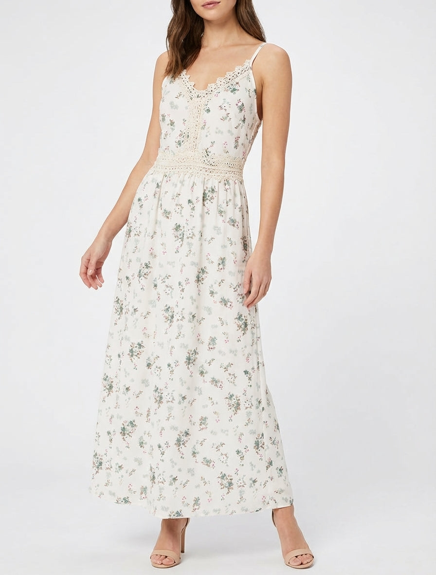 Robe longue imprimé petites fleurs à détail crochet - Kaki