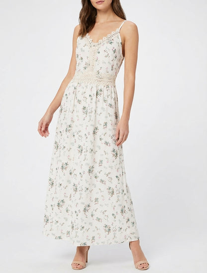 Robe longue imprimé petites fleurs à détail crochet - Kaki