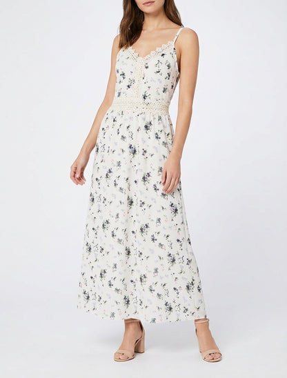 Robe longue imprimé petites fleurs à détail crochet - Noir