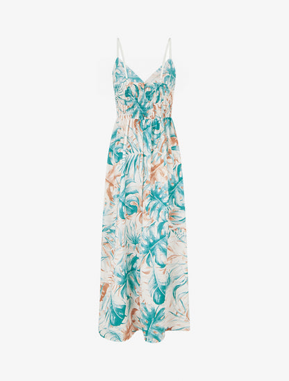 Robe longue à dos élastiqué imprimé feuillage - Turquoise - 2