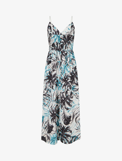 Robe longue à dos élastiqué imprimé feuillage - Noir - 2