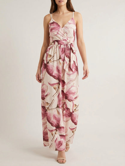 Robe longue à dos élastiqué imprimé fleuri - Vieux rose