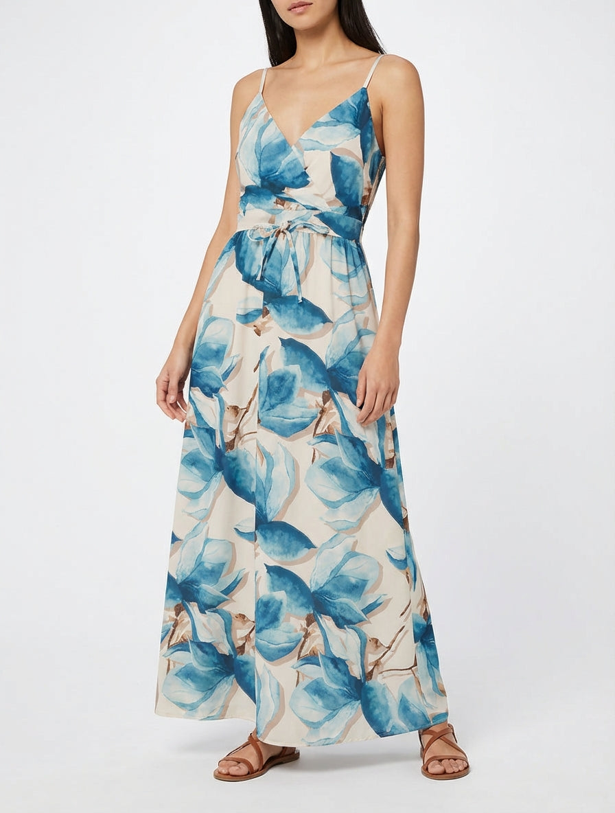 Robe longue à dos élastiqué imprimé fleuri - Bleu canard
