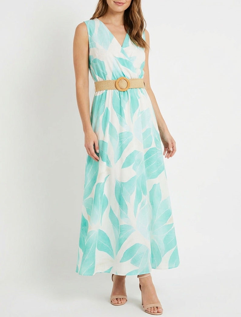 Robe imprimé feuilles à col cache-coeur - Vert menthe