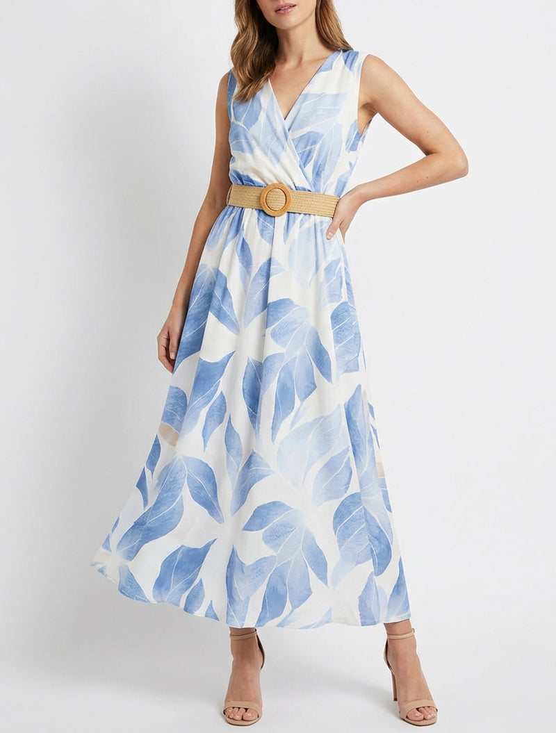 Robe imprimé feuilles à col cache-coeur - Bleu ciel