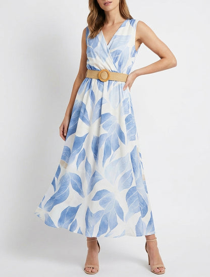 Robe imprimé feuilles à col cache-coeur - Bleu ciel