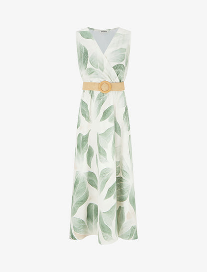 Robe imprimé feuilles à col cache-coeur - Kaki - 1